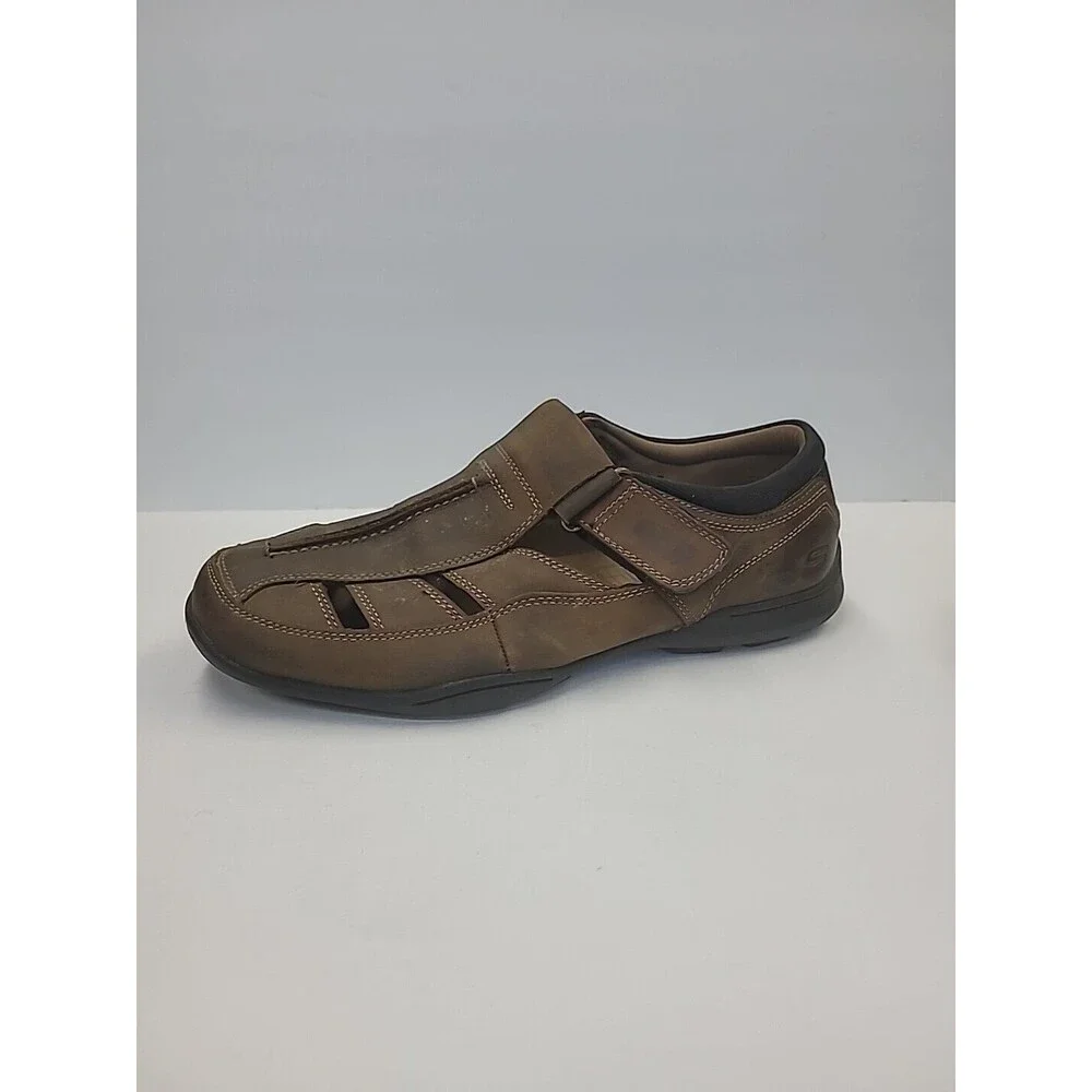 Men's Skechers Sandals Size 9 Brown Leather Closed Toe Comfort Shoes‎ Adjustable